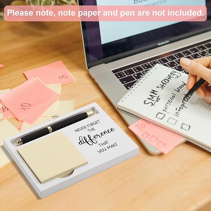 Inspirational Desk Note Holder with Never Forget The Difference That You Make Quote, White Wood Sticky Note Tray Gift for Coworkers, Teachers, Nurses, Employees, Women Men Office Decor - FTB317