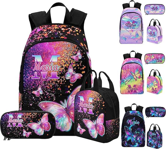 M YESCUSTOM Custom Girls Backpack Lunch Bag Set with Name, Pink Black Butterfly Personalized Kids Backpack for Girls School Travel Kindergarten Bookbag with Water Bottle Pencil Pouch