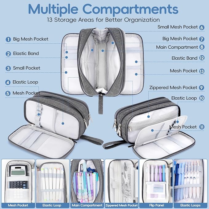 Pencil Case Large Capacity, 3 Compartment Gray Big Pen Pouch with Zipper | Durable Stationery Organizer, Portable Marker Pen Bag for Teens, College and High School Students, Adults and Teachers
