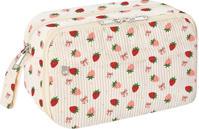 WOBAGMEN Cute Pencil Case,Large Corduroy Zippered Pencil Case Pouch, aesthetic Pencil Bag with Compartments, Pencil Pouch School Supplies (HY-corduroy pc-strawberry)