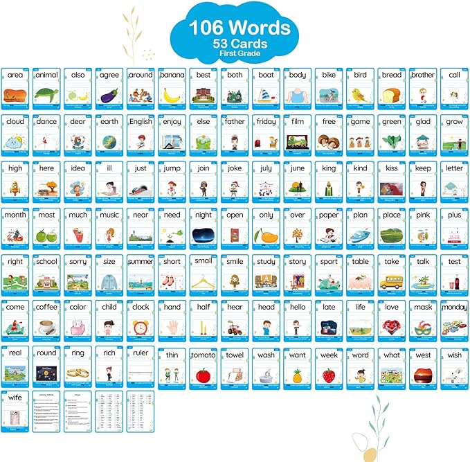 WJPC 55 Cards, 106PCS High Frequency First-Grade Sight Words Flash Cards, 1st Grade Phonics Learning Cards for 5,6,7,8 Years Ages Kids Boys, Girls Learn to Read, Write, Association, Sentence Making