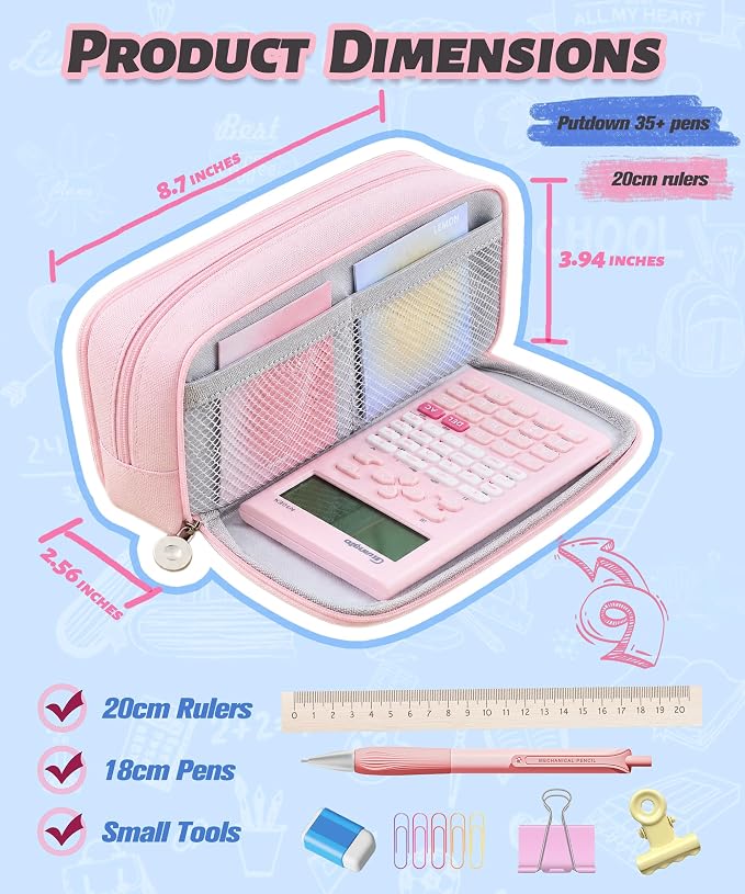 FAHZON Cute Pencil Case, 3 Large Compartments Pencil Pouch, Elastic Pen Slots&Mesh Pockets for Stationery, Pencil Bag for School Supplies with Zipper for Girls Boy Women Teens Adults-Pink