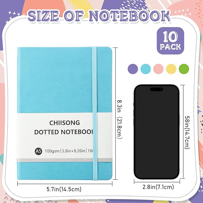 Chiisong 10 Pack Bullet Dotted Journal Notebook Bulk, A5 Dot Grid Notebook with 100 GSM Paper, Leather Hardcover Dotted Journal with 160 Pages for Women Men Writing Journaling Planning, 5.7 x 8.3 Inch