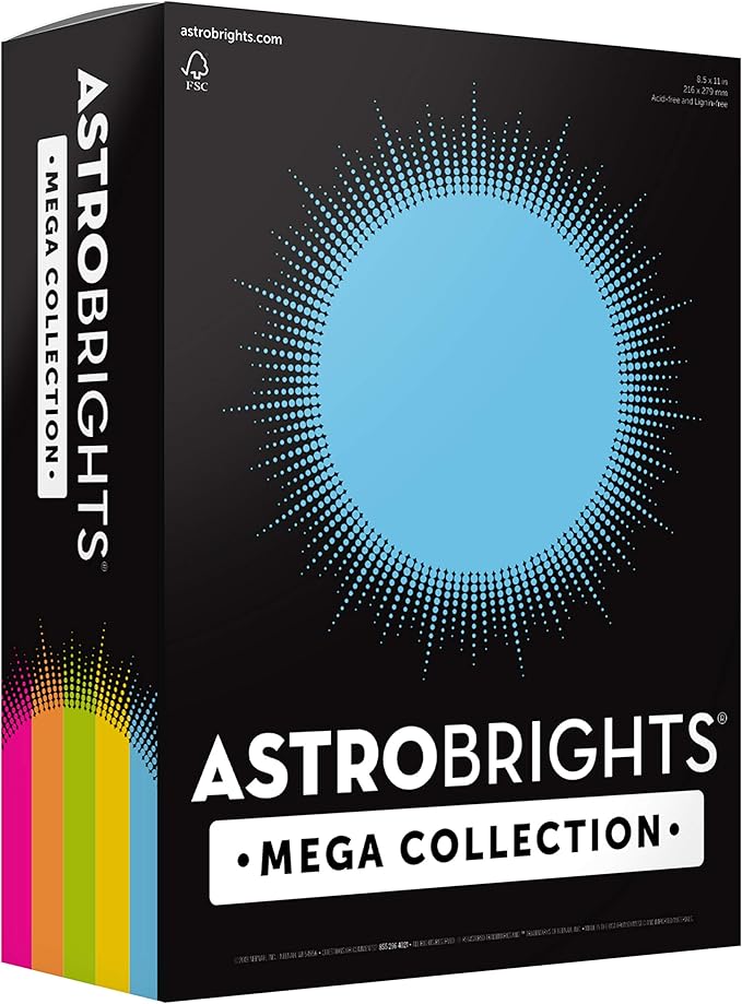 Astrobrights Mega Collection, Colored Paper, "Brilliant" 5-Color Assortment, 625 Sheets, 24 lb/89 gsm, 8.5" x 11 - MORE SHEETS! (91684)