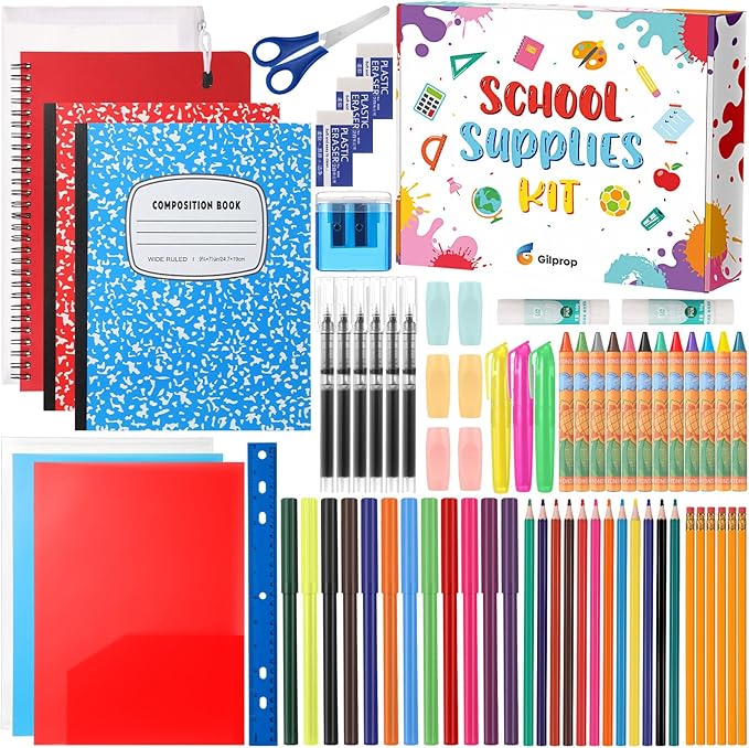 Gilprop 72 Pcs School Supplies Gift Box Set, Back to School Supplies Primary Middle College Bundle Essential Stuff Bulk Pen Notebook Colorful Stationery for Teacher Student Classroom