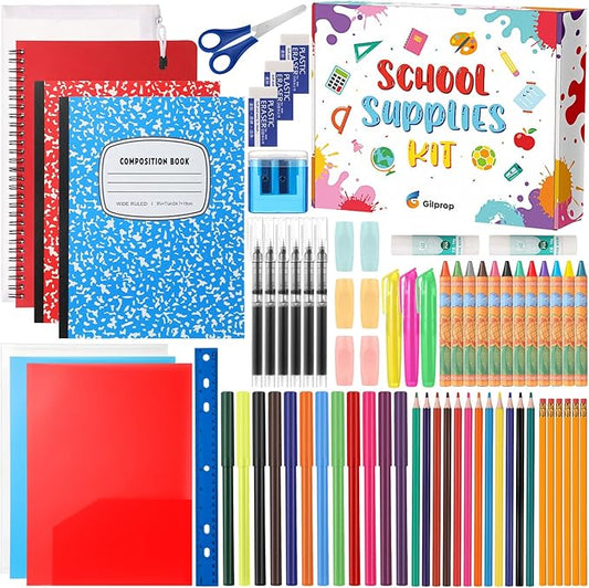 Gilprop 72 Pcs School Supplies Gift Box Set, Back to School Supplies Primary Middle College Bundle Essential Stuff Bulk Pen Notebook Colorful Stationery for Teacher Student Classroom