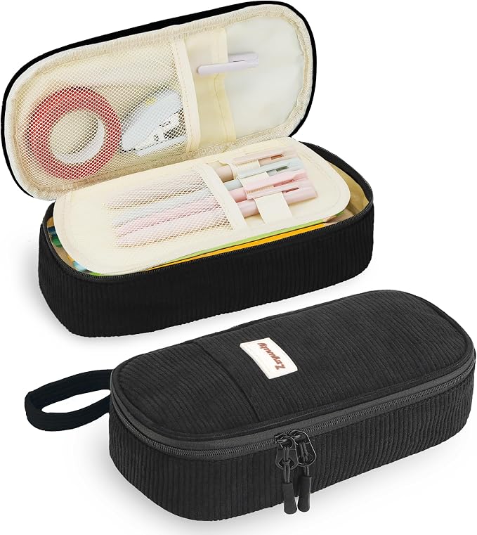 Zzrywuty Aesthetic Pencil Case, Large Capacity Soft Corduroy Pouch with Handle, Wide Opening Black Cute Stationery Bag & Organizer for School Office, Teens Adults
