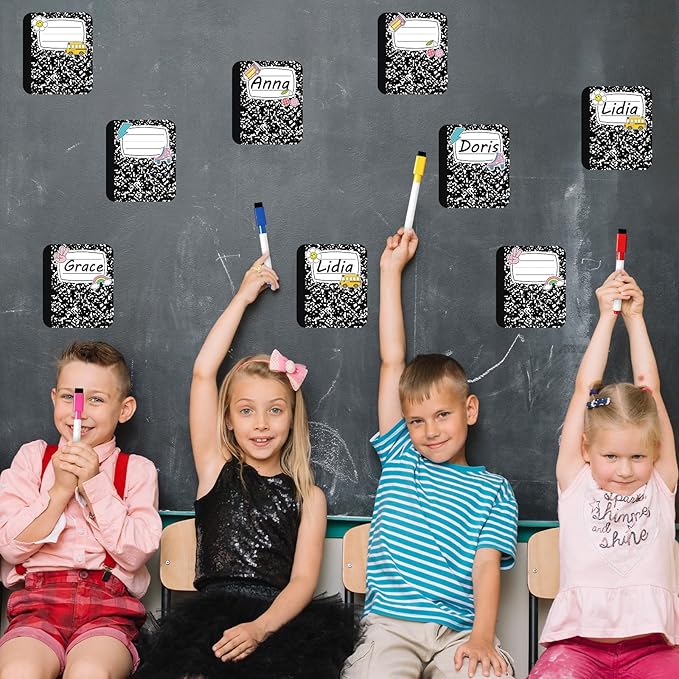 JarThenaAMCS 48Pcs Composition Notebook Magnetic Name Tags Reusable Dry Erase Label Writable Back to School Name Plate Magnet with Markers for Classroom Whiteboard Locker