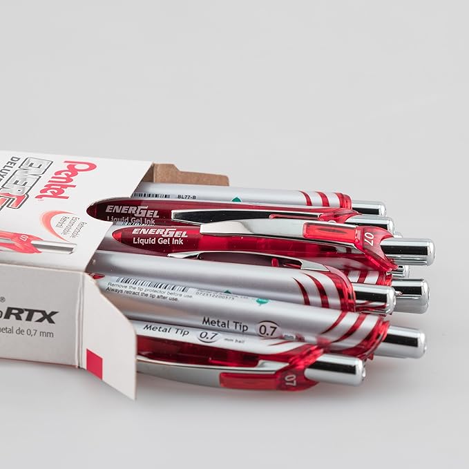 Pentel EnerGel RTX Liquid Gel Pen (0.7mm), Metal Tip, Red Ink, Box of 12 (BL77-B)