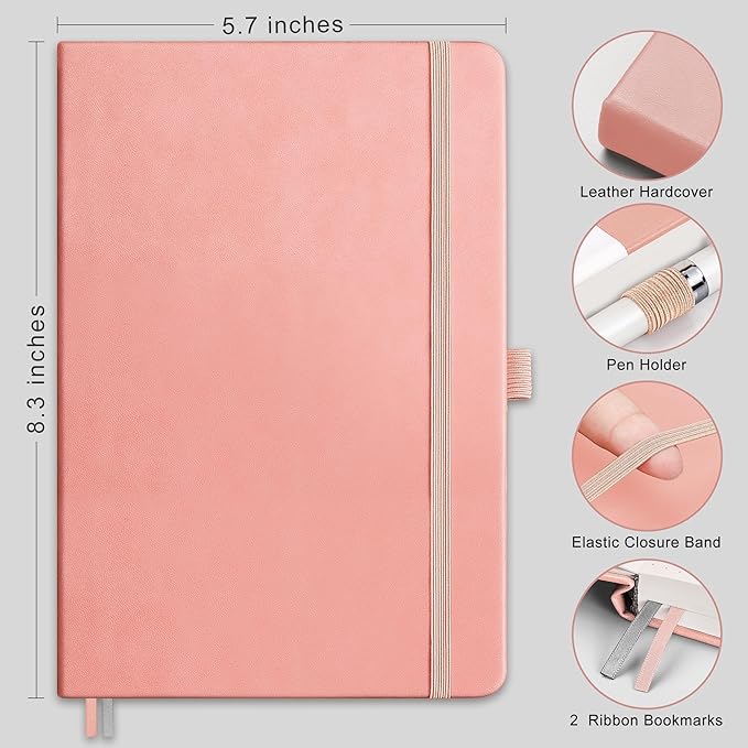 RETTACY Dotted Journal Notebook, 192 Pages, A5 Medium Size (5.7'' x 8.3''), Leather Hardcover, 100 GSM Thick Paper, for Journaling, Planning, Tracking (Pink)