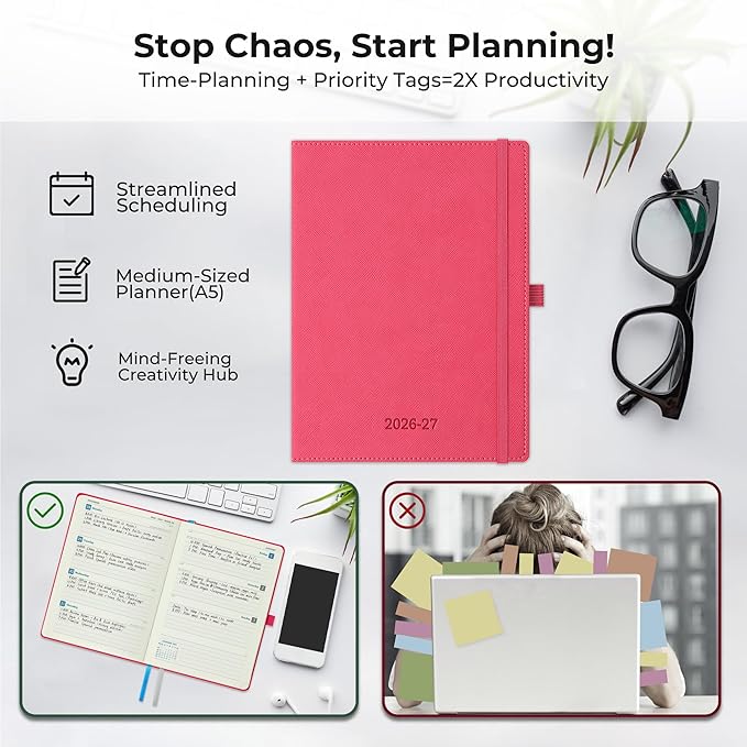 Weekly Monthly 2026-2027 Planner (July 26-Dec 27),8.5"x6.5",18 Months Agenda Plan with Month Tabs & Pocket,Expenses/Note Pages, Academic Calendar with Vegan Leather Cover,Rose Red