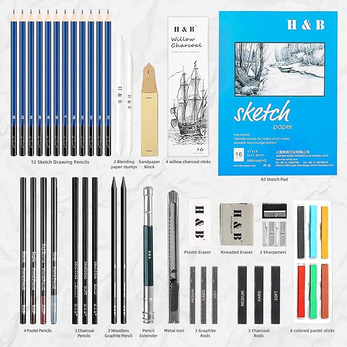 H & B 48 Professional Sketching Pencils and Drawing Kits, Including Sketching Pads, Graphite Pencils, Pencil Sharpener and Eraser, Artist's Art Supplies for Artists Beginner Adults