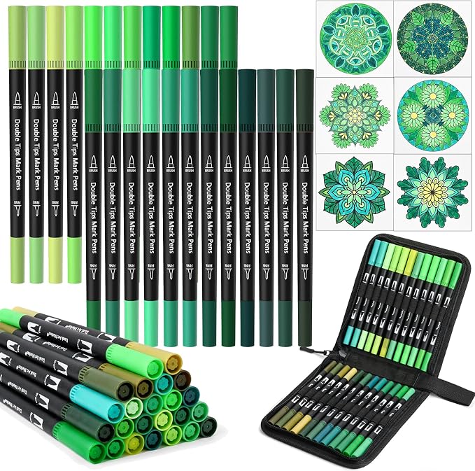 Green Dual Tip Brush Pen,Colored Fine & Brush Calligraphy Pens, Dual Tip Green Markers for Adult Coloring Felt Tip Books Drawing Planner Calendar Art Sketch Outlining Sketching Calligraphy