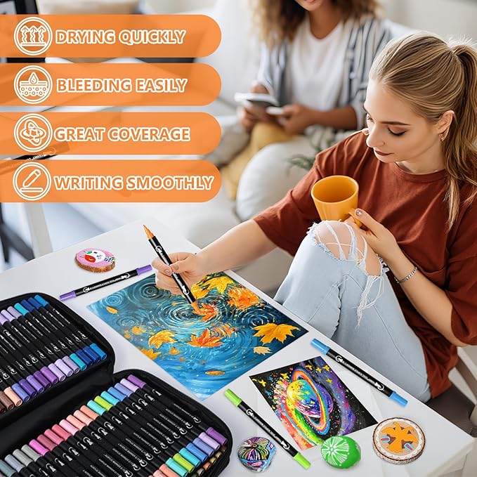TANMIT 124 Colors Dual Tip Acrylic Paint Markers, Paint Pens Set with Brush Tip and Fine Tip For Fabric, Rock, Wood, Glass, Eggs, Scrapbook, DIY Crafts Making Art Supplies - Teacher Appreciation Gift