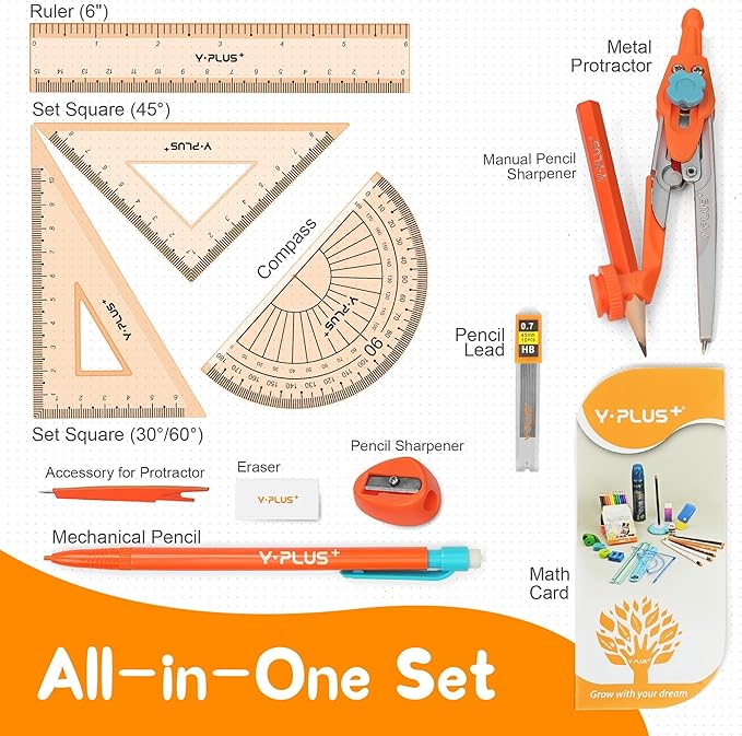 Geometry Set for Students, Math Protractor Compass with Rulers Mechanical Pencil, Box of Protactors Kit for Class Supplies and School Kids Toddler - 12 Pcs, Back to School Supplies for Kids