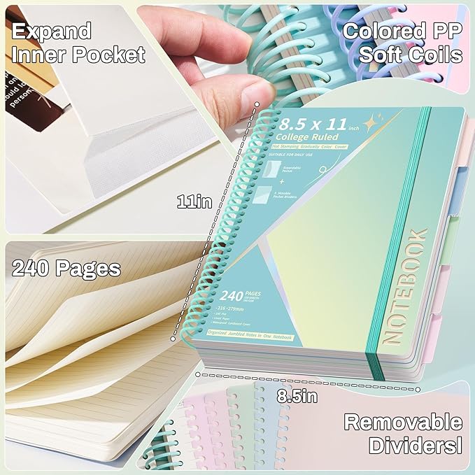 Spiral Notebook 8.5" x 11" College Ruled Hardcover Journal for Women with Removable Dividers 240 Pages 100GSM Thick Lined Journal for Writing Large 5 Subject Notebooks for School, Green