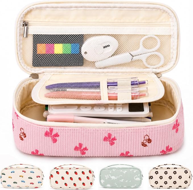 Big Capacity Pencil case,Soft Corduroy Pencil Bag,Cute Pen Case with Handle,5 Compartments, Wide Opening Pen Pouch Organizer for Teen Girls Women (Pink Bow With Cherry)