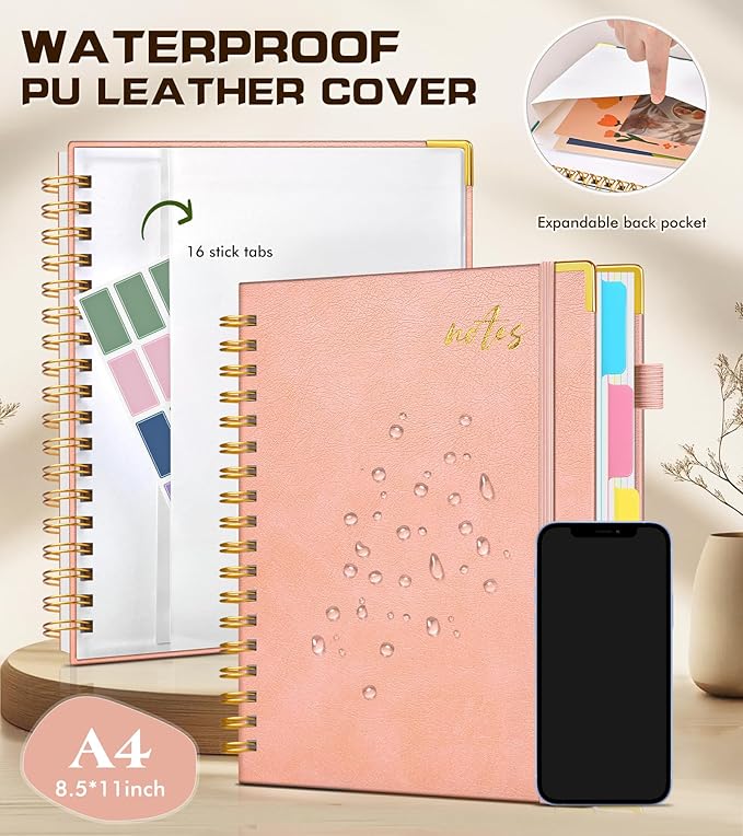 Hardcover Spiral Notebook Journal 8.5" x 11" Leather 5 Subject Notebook with Removable Dividers Tabs, 300 Pages Organizer Notebooks for Work School, College Ruled, Large Lined Journal for Women,Pink