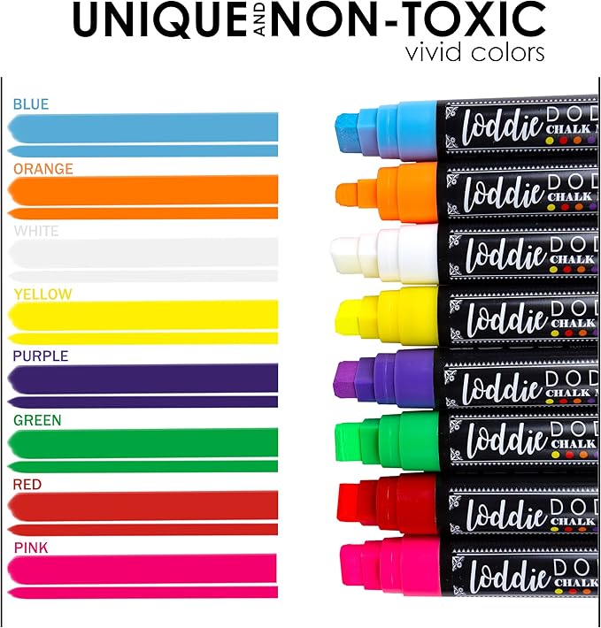 Loddie Doddie Jumbo Chalkboard Markers - 8 Pack, Multicolor, 15 mm Chisel Tip - Easy Erase Smudge Proof Chalk Markers - Bold Bright Colors For Chalk Art - Versatile Dry Erase Pens for Glass