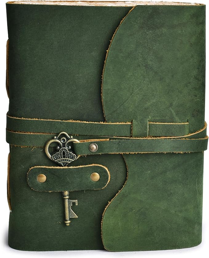 LEATHER VILLAGE Vintage Leather Journal – 200 Handmade Vintage Deckle Edge Paper – Leather bound Journal For Women Men – Vintage Key Closure - Book of Shadows - Green - 10X7 inches