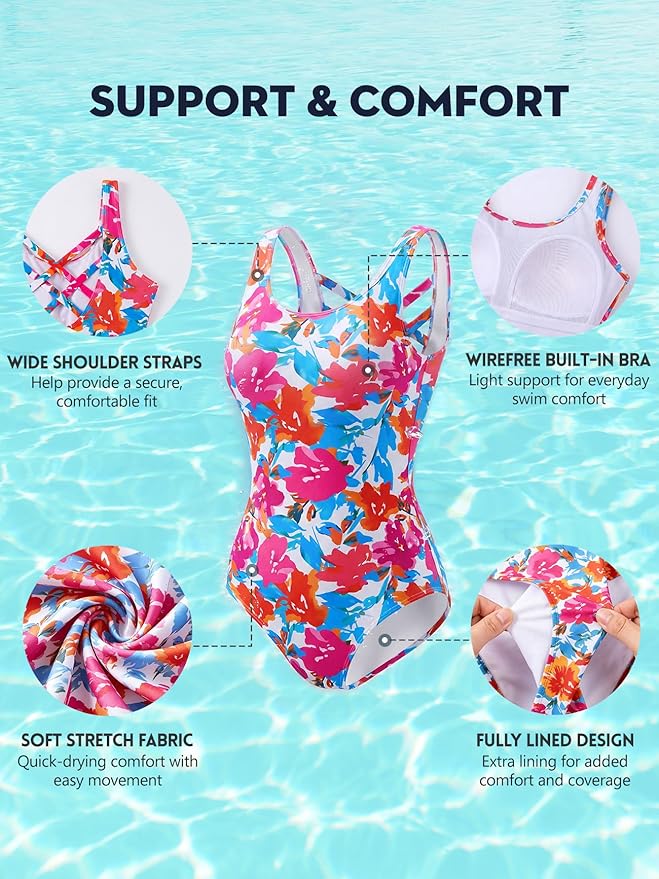 Modest Full Coverage One Piece Swimsuit Floral Bathing Suit Criss Cross Back Swimwear with Built-in Bra