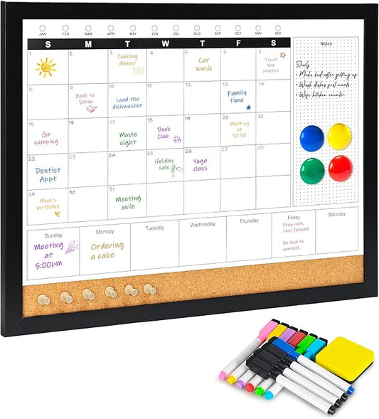 Dry Erase Calendar Whiteboard for Wall, 4-in-1 Magnetic Monthly Whiteboard with Wooden Framed, 17" x 13", Reusable Monthly Combination Planner Board for Home, Office, Classroom