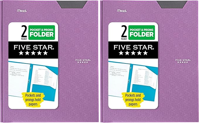 Five Star Folder, 2-Pocket, Prong Fasteners | Amethyst Purple | Pack of 2 | Stay-Put Design
