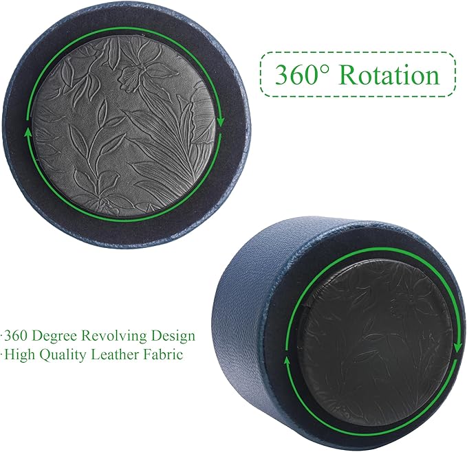 Round Leather Art Supply Organizer,Remote Control Holder,360 Degree Spinning,Multi-Functional Pencil Holder,4 Compartments Desktop Stationary Organizer(1-Lichee Blue)