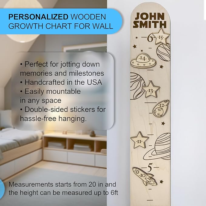 Wooden Height Chart for Wall - Personalized Boy Growth Chart, Custom Name Space Ship Theme Height Ruler Wood, Nursery Growing Wall Meter for Children, Large Baby Growth Chart Solar System, 2 Sizes