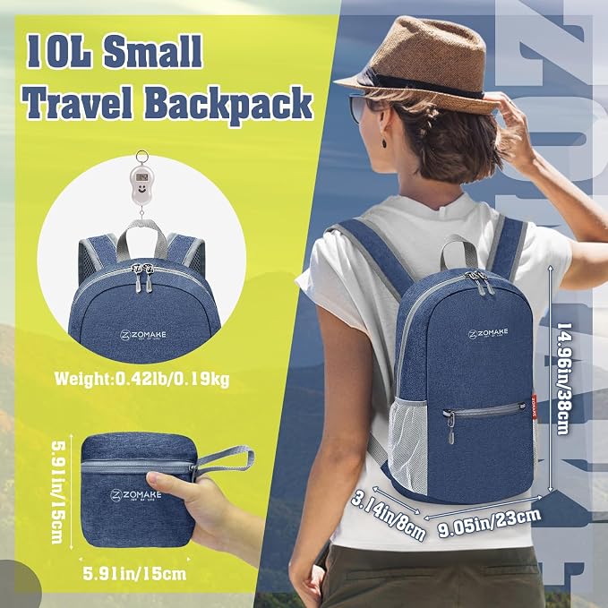 ZOMAKE Lightweight Packable Backpack, 10L Small Foldable Daypack for Hiking | Water Resistant Collapsible Backpacks for Women Men, Everyday Carry, Multi Compartment Storage,Adjustable Strap(Navy Blue A5)
