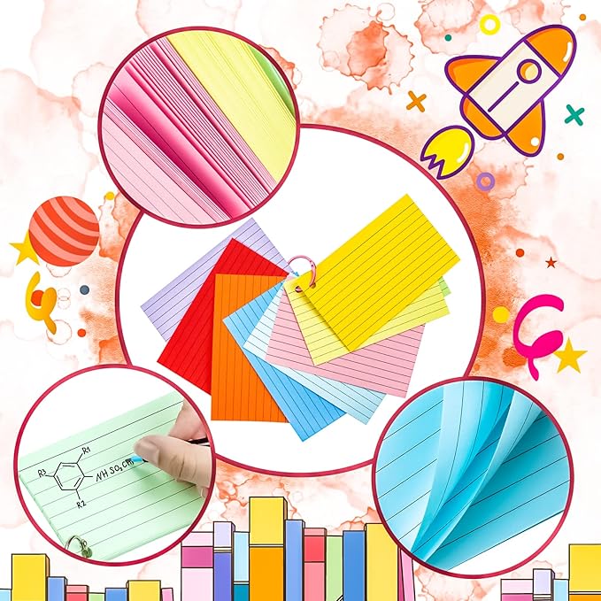600Pcs Colored Index Cards 3x5 Inch Flash Cards with Rings Lined Note Card Flashcards, Colorful Ruled Card Pad Index Note Books 3 x 5 Notecards for Studying School Supply College Office