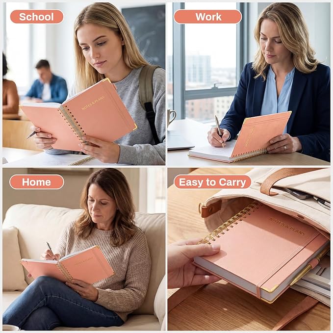Ovesmusl Undated Daily Planner - 126 Days Hourly Schedule & To Do List - A5 PU Leather Hardcover Spiral Notebook planner with stickers, Metal Corner Protectors & Back Pocket for Work & School, Pink