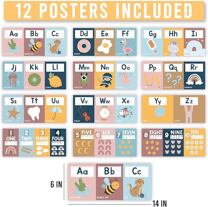 Hadley Designs Alphabet for Classroom Wall Decor - ABC Posters for Classroom Wall Chart Preschool & Kindergarten, ABC Letters & Number Line Elementary, Alphabet Cards, Boho Classroom Decor