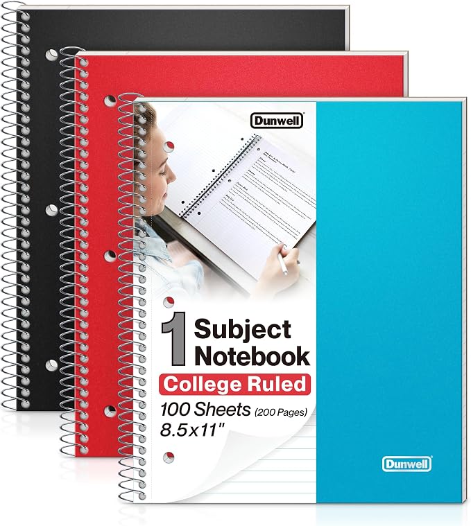 Dunwell 1-Pack College Ruled Spiral Notebooks 8.5x11, Red/Blue/Black
