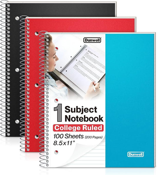 Dunwell 1-Pack College Ruled Spiral Notebooks 8.5x11, Red/Blue/Black