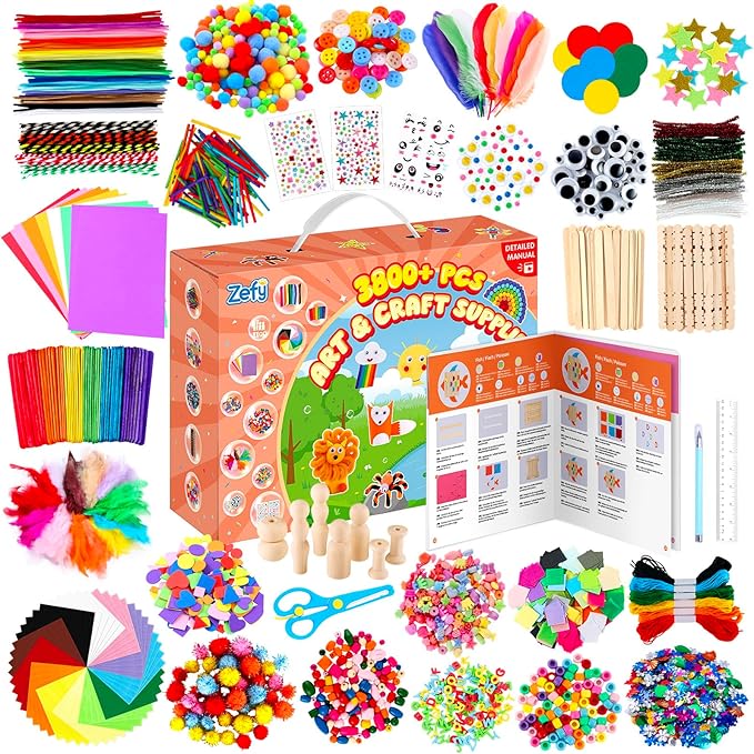 Zefy 3800+ Pcs Arts and Crafts Kit Supplies for Kids, All in One Art Supplies with 20 Crafts Design, DIY Craft Box Set School Supplies Gifts Toys for Girls Boys Ages 4-12