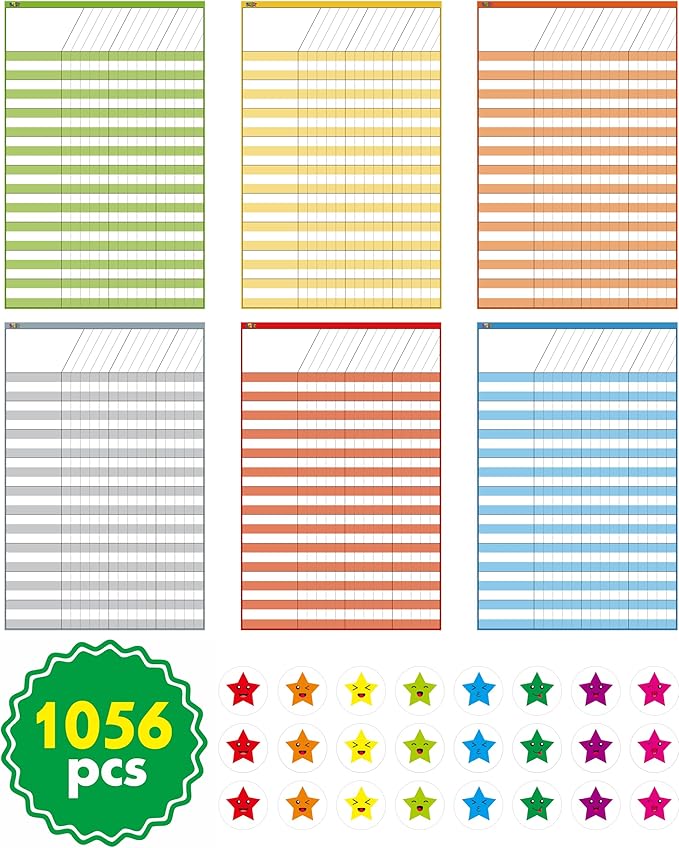 6 Pack Dry Erase Incentive Chart, 6 Multi-Color Tracking Chart with 1056 Reward Stars for Chore/Responsibility/School Attendance/Homework Progress Tracking, 27 Rows X 15 Columns (11" x 17")