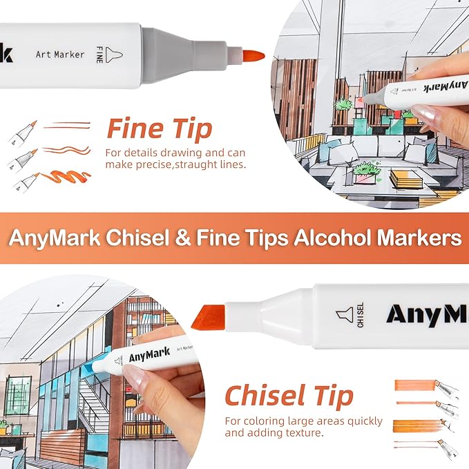 AnyMark Alcohol Markers, 48 Colors Dual Tip Art Coloring Markers Set for Adult Book Drawing Sketching Painting, Chisel & Fine, White Penholder