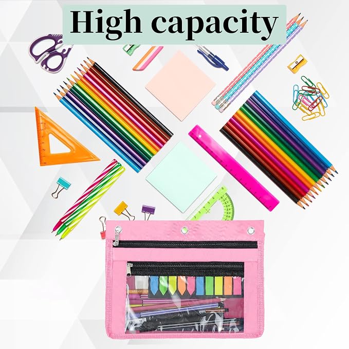 YoeeJob 2 Pack Expandable Pencil Pouches for 3 Ring Binders, Pink | 1-inch expansion, 2 clear PVC pockets, 3 holes, large-capacity storage for school and office supplies.