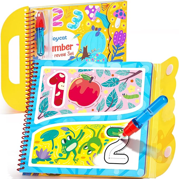 JoyCat Reusable Water Coloring Book for Toddlers 3-5, 14 Pages Number Tracing Magic Water Drawing Book, Mess-Free Preschool Learning Toys, Educational Gift for Boys Girls