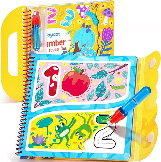 JoyCat Reusable Water Coloring Book for Toddlers 3-5, 14 Pages Number Tracing Magic Water Drawing Book, Mess-Free Preschool Learning Toys, Educational Gift for Boys Girls