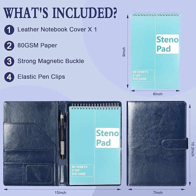 PU Leather Steno Pad Holder 6x9 Steno Pad Cover Business Padfolio Organizer Leather Cover Compatible With 6x9 Steno Notebook Portfolio Pocket Organizer With Pen Loop for Business Office(Dark Blue)
