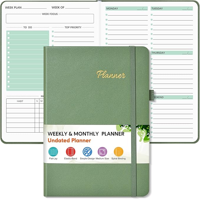 Undated Weekly and Monthly Planner, Hardcover Leather Calendar Blank Planner, Simplified To Do List Notebook with Goal & Habit Tracker Organizer, A5 Daily Weekly Planner for Work School Home, Green
