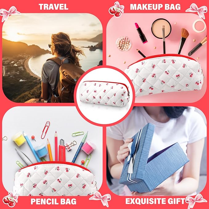 Sherr Cherry Pencil Case Cute Pencil Pouch Soft Cotton Quilted Storage Bag Aesthetic Pattern Gift Makeup Pouch Cosmetic Travel Bag for Women