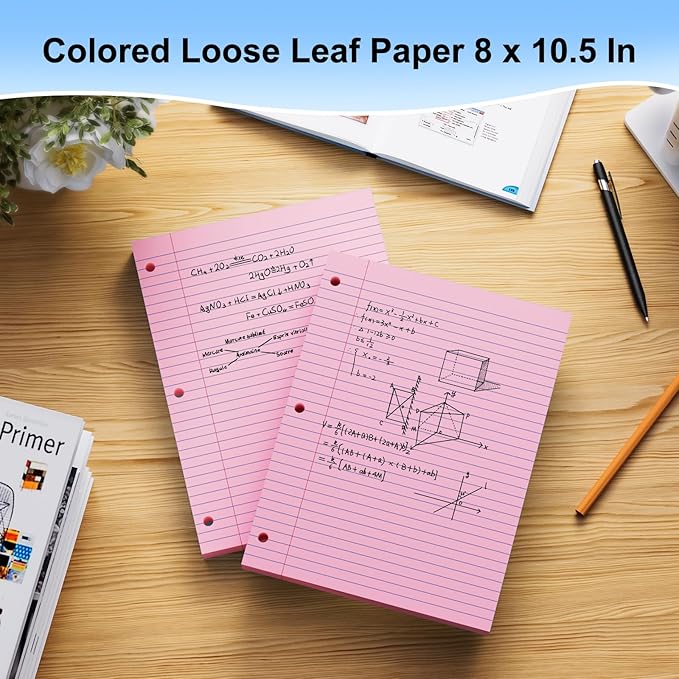 Pink Loose Leaf Paper 100 Sheets 8" x 10.5" Filler Paper, College Ruled 3-Hole Punched, Notebook Paper for 3-Ring Binders Notepad Writing Note Pads To-Do Lists for Office & School Supplies