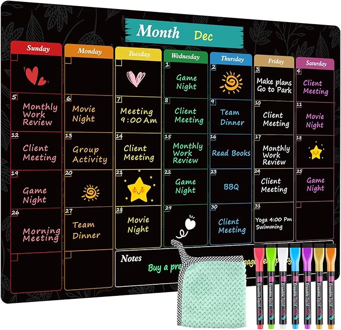 MaxGear Monthly Black Magnetic Calendar for Refrigerator, 16" X 12" Fridge Chalkboard, Magnetic Dry Erase Calendar White Board Planning Board for Fridge with 7 Fine Point Markers,1 Cloth