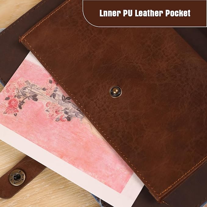 TIEFOSSI Denim Journal for Women Men, Vintage PU Leather Journals, College Ruled Notebook with 6 Ring Binder, Refillable Notebooks with Pockets for School Travel Sketch 7 x 9.2 in