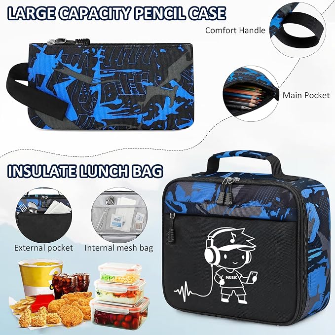 School Backpack for Boys - 3pcs Gamer Boys Backpack with Lunch Box Set for Kids Teens Elementary Middle High School,18″ Large Capacity Students Bookbag with Usb Charging Port