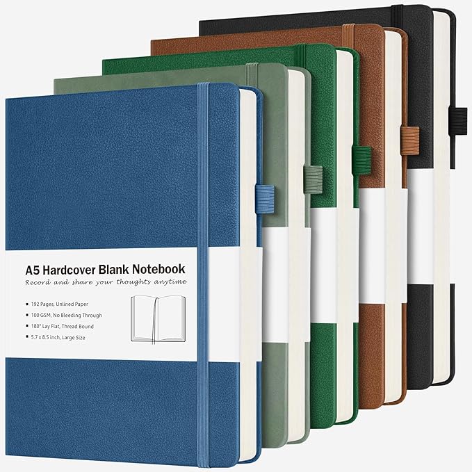Blank Notebook, 5 Pack Hardcover Sketch Book, Large Blank Journal, No Bleed Thick Paper Sketchbook for Drawing, Unlined Notebook Journal for Women Men School, A5 Leather Sketchbook, Lay Flat, 5.7x8.5