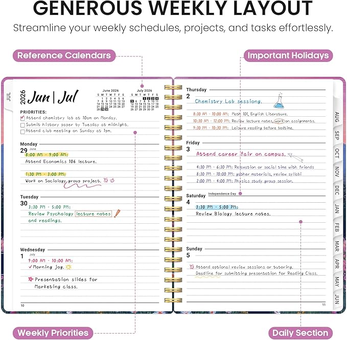 Planner 2026–2027, Academic Monthly Weekly Spiral Calendar, July 2026 – June 2027, Hardcover Agenda Notebook with Tabs, 6.3" x 8.5", Perfect for Students, Teachers, School & Daily Planning - Twilight Bloom